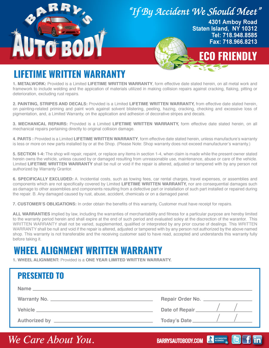Warranty - Collision Repair in Staten Island - Barrys Auto Body